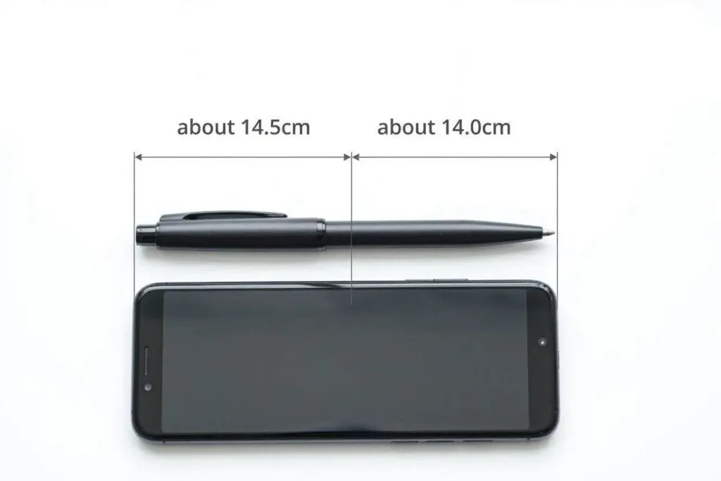 Overhead photo showing a ballpoint pen laid beside a smartphone with measurement annotations showing the pen is about 14.5cm, and the phone is slightly shorter - clean white background, editorial product photography style