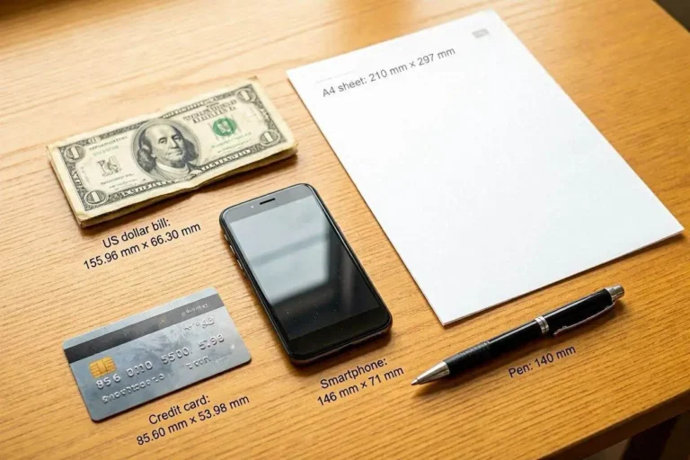 Flat lay overhead shot of everyday household objects arranged on a wooden table: a credit card, a standard A4 sheet, a smartphone, a pen, and a dollar bill, each labeled with its actual dimensions - clean educational photography, warm tones