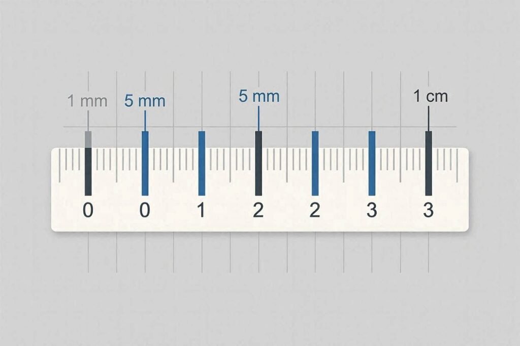 Annotated diagram of a metric ruler section from 0 to 3 cm showing all line heights labeled: 1mm lines in light gray, 5mm line in blue, 1cm lines in dark with numbers - clear educational infographic, white background, precise and clean
